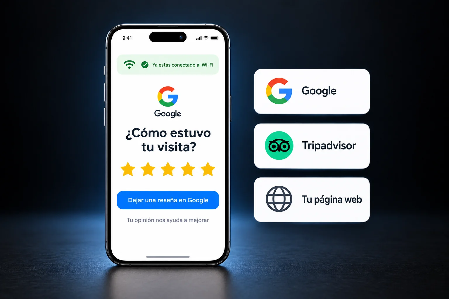 Cliente conectado al Wi-Fi dejando una reseña de 5 estrellas en Google